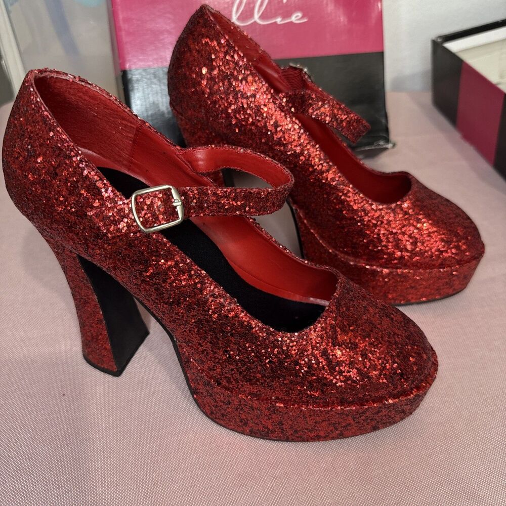 Ellie Glitter Mary Jane Heels Red Women 10 Platform Chunky Costume